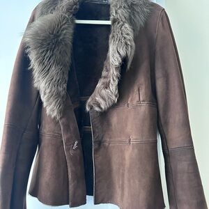 Elie Tahari Dark Brown Teddy Jacket with Fur Trim